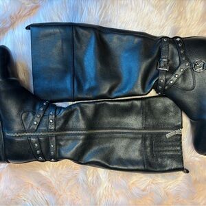 Mk Black Leather Knee-High Boots with Studded Straps